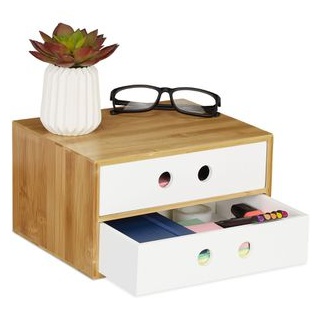 Relaxdays Schreibtisch-Organizer 10033013, Bambus, 2 Schubladen, braun/weiß