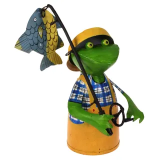 Zaunhocker Frosch Angler mit Fisch 21 cm gelb blau Figur aus Blech Metall Petri Jünger Fischer Angel Garten Deko Garten Balkon Dekofigur Pfostenhocker Froschkönig