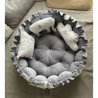LOOLAY Babynest 3in1 XXL – Nestchen Baby Spielmatte und Reisebett 90/155cm - Handgemacht aus Baumwolle mit Rüschen - Ideal fur Zwillinge (Hase Beige/Minky Graphit)