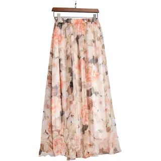Damen Chiffon Blumen Strandrock Maxirock Langer Rock Gedruckter Chiffonrock Weich Glatt Dünn Cool für Sommer Rocklänge 90cm - Geblümt ERD-Ton #23 - 34-40