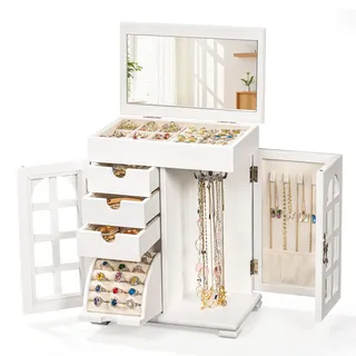 Emfogoo 5 Ebenen Schmuckkästchen für Frauen, Holz Schmuckkasten, Schmuckschatulle mit Spiegel, Schmuckaufbewahrungsbox für Ringe, Ohrringe, Halsketten, Armbänder (Weiß)