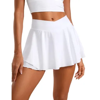 CRZ YOGA Damen Tennis Rock mit Hose Tennisrock Crossover High Waist Skort Golfrock Wanderrock Skater Sport Hosenrock Weiss 40 - 40