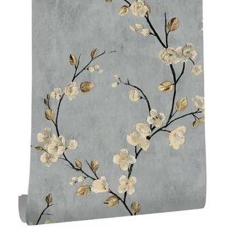 Selbstklebende Tapete Blumen Grau, 44.5 x 500 cm Selbstklebende Tapete Beige Blumen Blätter Pflanzen Klebefolie Möbel Boho Möbelfolie Selbstklebend für Badezimmer Wohnzimmer Schlafzimmer Küche