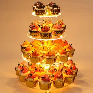 Ulifeme 4 Etagen Cupcake Ständer, Gelb LED Lichterkette de Tortenständer Acryl für Hochzeit, Party, Geburtstag, Baby Duschen & Kuchen Dessert, Torten Etagere 4-stöckig, Runder Cupcake Stand