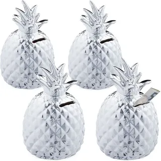 4 x Spardose Ananas, Dekofigur, Sparschwein mit Schloss, 2 Schlüssel, Keramik Sparbüchse, h x d 16 x 9 cm, Silber