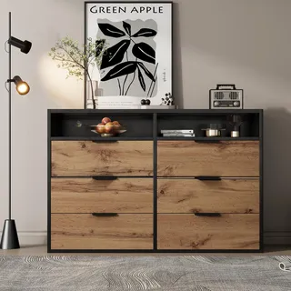 Merax Kommode mit 6 Schubladen und 2 Fächern, Komodenschrank für Schlafzimmer, Sideboard Schubladenschrank für Wohnzimmer, Esszimmer und Büro, aus Holz & Bernstein Glas, Eiche + Schwarz, 120x40x80cm