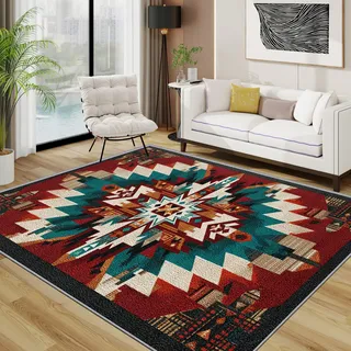 TerroVee Navajo Teppich Wohnzimmer 200x300 cm,Azteken Tribal Geometrisch Teppiche Waschbar Für Schlafzimmer,Indianer Ethnisch Vintage Waschbar rutschfest Weich Groß Esszimmer, Rot Blaugrün Weiß