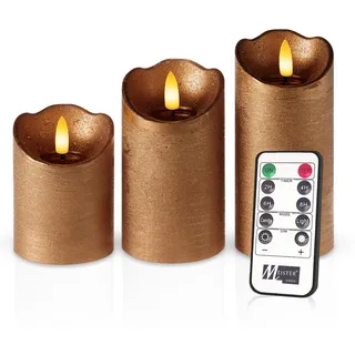 Meisterhome® LED-Kerzen 3er-Set Champagner – Flammenlos - mit flackernder Flamme – Rustik Design – Stumpenkerzen mit Fernbedienung & Timer – Batteriebetrieben – Warmweiß – 10/12,5/15 cm Hoch