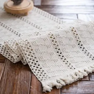 Makramee-tischdecke In Beige-boho-stil (30 X 180 Cm) Mit Quasten, Handgewebte Baumwolltischdecke, Rustikale Tischdecke Für Den Esstisch