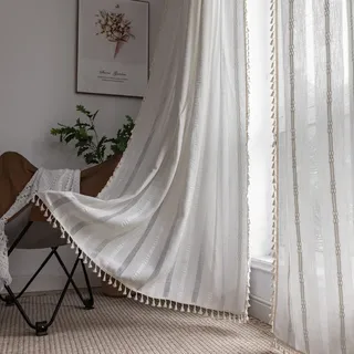 SASIGAYA Vorhänge Vintage Durchbrochene Bestickete Gardinen 160 Hoch Weiß Durchscheinende Verdunklungen Vorhang Baumwolle Leinen Landhausstil Vorhänge für Morden Schlafzimmer Wohnzimmer 2 Stück