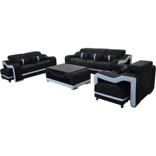 Sofa Leder Couch Polster Garnitur 3+2+1 Sitz Komplett Set Garnituren Design Neu - Schwarz