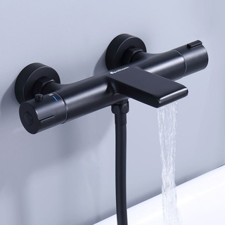 Wannenarmatur Thermostat Wasserfall Badewannenarmatur mit Sicherheitsknopf 38°C Wannenbatterie Mischbatterie Dusche Duscharmatur schwarz