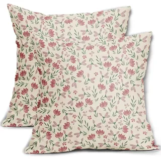 Ccykxa Set Aus 2 Dekorativen Kissenbezügen Im Vintage- Und Landhausstil Mit Grün-rosa Blumenmuster, 45 X 45 Cm, Mit Niedlichen Kleinen Blümchen, Für Den Außenbereich, Sofa, Couch Und Bett.