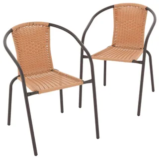 Nexos Trading 2er Set Bistrostuhl Stapelstuhl Balkonstuhl Rattanstuhl Gartenstuhl Terrassenstuhl Poly-Rattan Stahlgestell pflegeleicht stapelbar – Hellbraun