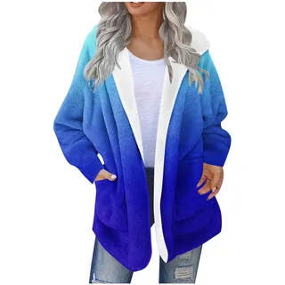 Teddyjacke Damen Farbverlauf Fleecejacke Kapuze Winterjacke Fleece Plüschjacke Winter Kapuzenjacke Teddyfleece Übergangsjacke Open Front Strickjacke Lockere Warm Wintermantel Bequeme Fliesjacken - XL