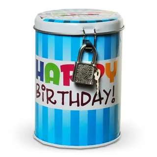 HC-Handel 922110 Metall Spardose Happy Birthday mit Schloss Deckel Vorhängeschloss 11 x 8,5 cm