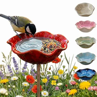 Bienentränke Keramik Blume & Vogeltränke Stehend - Gartendeko für Draußen Wetterfest, Insektentränke Garten für Wildvögel, Bienen & Schmetterlinge (Rot * 1)