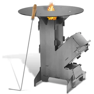 Fiqops Raketenofen Rocket Stove mit Grillplatte –Tragbarer Camping Holzofen mit Feuerhaken & Aschefach | Kanonenofen für Outdoor, Garten, Camping, Survival & BBQ