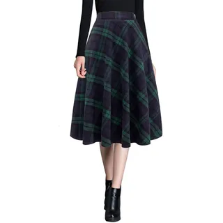Ylingjun Warme Damen-Midi-Röcke, Winter, Herbst, hohe elastische Taille, A-Linie, ausgestellter Wollrock, Grün, Groß - L