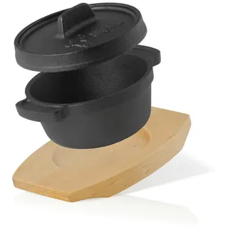 BBQ-Toro Serviertopf Mini Dutch Oven, 250 ml, Gusseisen Serviertopf mit Holzunterlage, Gusseisen, Gusseisen Serviertopf mit Holzunterlage schwarz