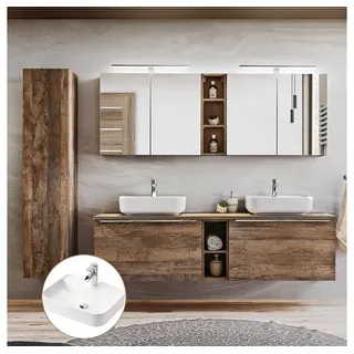 Lomadox Badmöbel Komplett-Set in Vintage Oak Eiche Doppel-Waschtisch mit 2 Keramik-Waschbecken, 2 LED-Spiegelschränke, Hochschrank