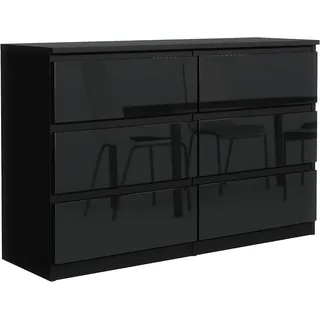 Kommode Schwarz Hochglanz mit 6 Schubladen 120 cm, Sideboard Wohnzimmer