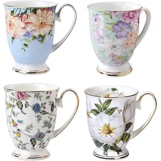 MIATTCLD Kaffeetassen 4er Set, Blumenmuster Kaffeebecher, Große Knochen China Teetassen, 300 ml Trinkbecher mit Griff für Cappuccino Kaffee Tee Milch Büro Geschenk Becher (B)