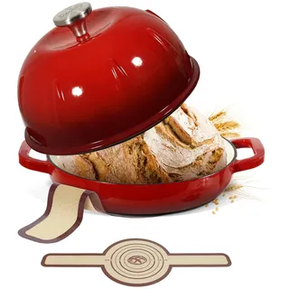 Davivy 5,35L/25cm Gusseisen Topf Brot Backen (Kirschrot, mit Brotschlinge) | Emaillierter Gusseisen-Brotbacktopf, Dutch Oven mit gewölbtem Deckel, ideal für Sauerteigbrot und Backen