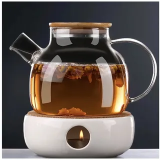 Jungengel Teekanne Glaskanne 1L Holzdeckel Glas-Wasserkessel Teezubereiter Hitzebeständig, 1 l, (Einzelkanne, 1-teiliges Set, Ohne Stövchen, Kanne mit integriertem Sieb), Integriertes Spiralsieb, Bambusdeckel, Hitzebeständig Borosilikatglas weiß