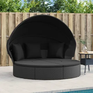 Outdoor-loungebett Mit Dach Und Kissen Schwarz Poly Rattan