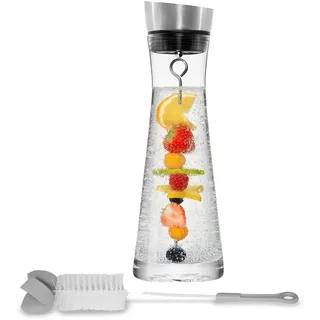 STONELINE Glaskaraffe 1 Liter, mit Fruchtspieß und Spülbürste, mit Ausgießer aus Edelstahl, Glaskaraffe mit Deckel, Karaffe mit Fruchteinsatz