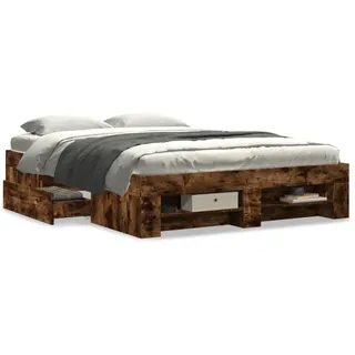 IKAYAA Bett 140x190 mit schubladen Bettgestell 140x190 mit stauraum ohne kopfteil Stauraumbett Bettgestell mit Lattenrost -Räuchereiche-140 x 190 cm