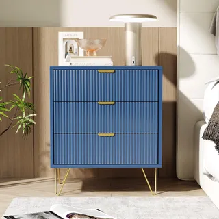 MISNODE Moderner Nachttisch mit 3 Schubladen, Schlafzimmermöbel aus Holz und Metall, Kommode für Wohnzimmer, Schlafzimmerschrank, Dunkelblau (Dunkelblau, 3 Schubladen)