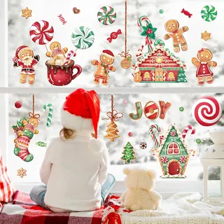 wondever Wandtattoo Weihnachten Süßigkeiten Lebkuchenmann Weihnachtsdeko | Abziehen und Aufkleben, Repositionierbar, Wanddeko Weihnachten Selbstklebend für Weihnachtsfeier Wohnzimmer Winter Deko