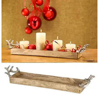 Holz Tablett länglich 60 cm mit Hirsch Geweih Henkel - Serviertablett,Dekoteller