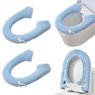 HADEEONG 2 Packungen WC-Sitzbezug, Plüsch, warmes Badezimmer-WC-Sitzkissen mit Druckknöpfen, waschbar und wiederverwendbar, passend für die meisten WC-Sitze, Blau
