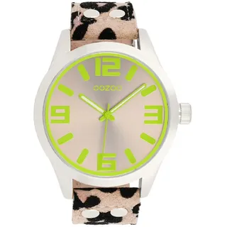 Oozoo XXL Damenuhr C0902 Taupe/Lemon Animalprint Lederband 46 mm