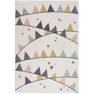 Carpet City Kinderteppich Creme, Lila - 80x150 cm - Wimpel-Motiv - Kinderzimmerteppiche Mädchen - Babyzimmer-Teppich - Spielteppich