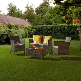 Ambia Garden Loungegarnitur, Braun, Grau, Metall, Kunststoff, Glas, Textil, 4-teilig, Tisch mit Glasplatte, geeignet für Balkon, Loungemöbel, Gartenlounge-Sets