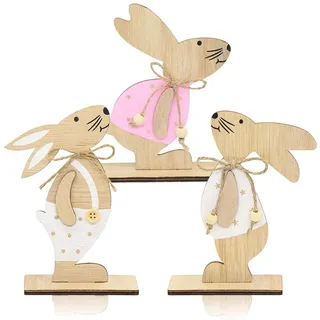PBAHAUP 3 Stück Osterhase Deko aus Holz, Osterdeko Holz Hase zum Hinstellen, Deko Aufsteller für Ostern und Garten, Süßes und lustiges Design