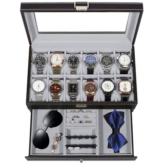GUKA Uhrenbox mit 12 Fächern, Leder-Schmuckkästchen, Schublade, Glas, Geburtstag für Männer, Frauen, Kinder, Ehemann, Vater