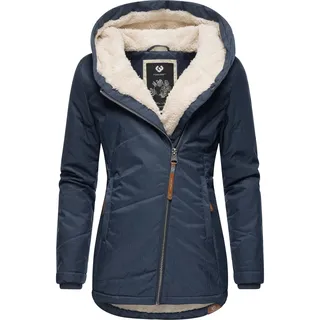 Winterjacke RAGWEAR "Gordon", Damen, Gr. XXL (44), blau (marine), Außenmaterial: 100% Polyester. Innenfutter: 100% Polyester. Wattierung: 100% Polyester, figurbetont hüftlang, asymmetrischer Ausschnitt, Ärmel ohne Ärmelschlitz Rippstrickbündchen, Jacken Winterjacke, Sportliche wasserdichte Outdoorjacke mit Kapuze