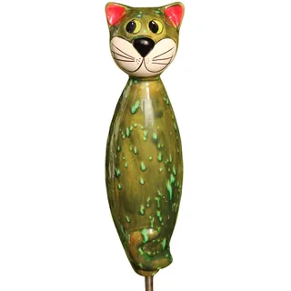 Gartenfigur Katze aus Keramik 30 cm Dekofigur getöpferte Gartendeko grün