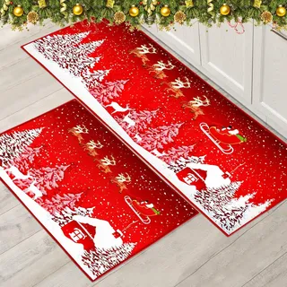 PORJDN Weihnachtsteppich Set Weihnachten Innenboden Roter Teppich, Xmas Türmatte Läufer Teppichmatte für Küche Heimdekor Waschbare Läufer. (Style A, 40x120+40x60cm)