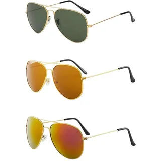 Yuwnd Pilotenbrille Damen, 3 Pilotenbrillen Set mit Goldrahmen, Roter, Brauner und Grüner Gläser, Fliegerbrille für Damen und Herren, Stilvolle Pilot Sonnenbrille für Outdoor, Reisen und Mode - Einheitsgröße