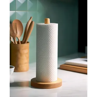 Küchenrollenhalter Holz Stehend, Küchenrolle Halter für Küche und Esstisch, Küchenrollenständer mit stabilem Holzfuß, Praktischer Papierrollenhalter für Rollen, Kitchen Paper Towel Holder Organizer