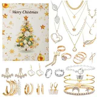 Schmuck Adventskalender 2024, Adventskalender 2024 Frauen Schmuck Gold, Beauty-Modeschmuck-Adventskalender, Weihnachtsgeschenke, Luxuriöser Weihnachts-Countdown-Kalender