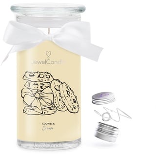 JuwelKerze Cookies & Cream Armband Silber - Schmuckkerze 80 Std - große Duftkerze mit Orientalischem Duft - beige Kerze mit Schmuck Überraschung - Geschenke für Frauen, Geburtstag