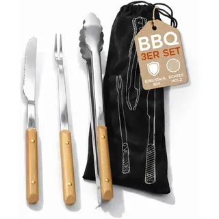 GRILLFIX BBQ Grillbesteck Set 3-teilig – Grillzange Edelstahl 38 cm mit Holzgriff, Grillmesser & Fleischgabel, extra Lange Küchenzange Kochzange für Grill, Küche, Papa Geschenk Vatertag