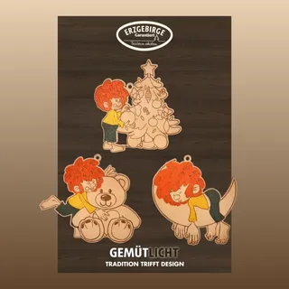 WEIGLA - Baumbehang aus Holz original Erzgebirge I Christbaumschmuck I 3-teiliges Baumbehangset Motiv Pumuckl I Teddy/Mond/Weihnachtsbaum I Deko & Geschenkidee für Groß und Klein I Geschenkanhänger